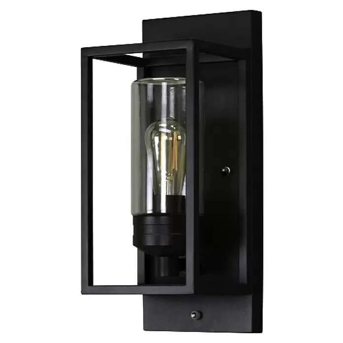 Konstsmide Außenwandleuchte Trani - 20 W, Schwarz, IP44, E27 - Schwarze Wandleuchte aus Metall mit offenem Rahmen, Klarglaszylinder und sichtbarer LED-Glühbirne.