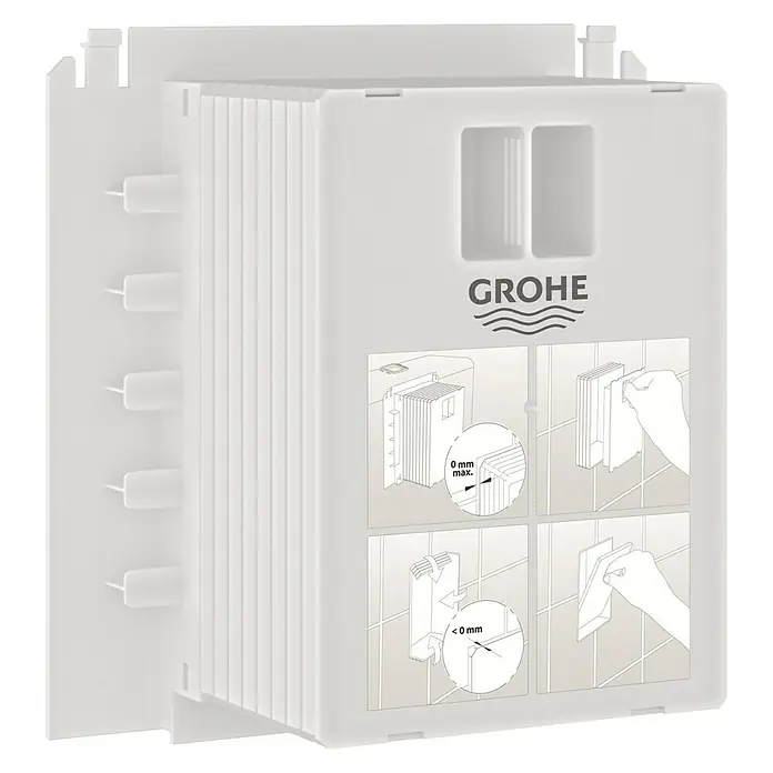 Grohe Rapid SL Revisionsschacht - 7,7 x 11,5 x 15,7 cm - Grohe Duschsystem-Komponente mit Montagehinweisen. Ein weißes, quaderförmiges Element mit Anweisungen zur Installation.