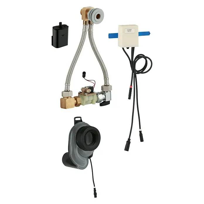 Grohe Temperatursensor - Mit Wasseranschluss-Set & Vorabsperrung, Passend für: Grohe Rapid SL Urinal-Vorwandelement - Das Bild zeigt ein komplettes Set für eine automatische Wasserhahnsteuerung mit Sensor, Kabeln und Ventilen für den Wasseranschluss.