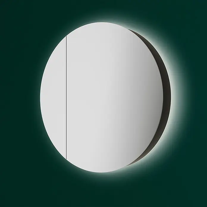 DSK LED-Spiegelschrank Picasso Style - Aluminium, Schwarz - Runder, beleuchteter Spiegelschrank mit schlichter Tür auf dunkelgrünem Hintergrund. Ideal für moderne Badezimmerdesigns.