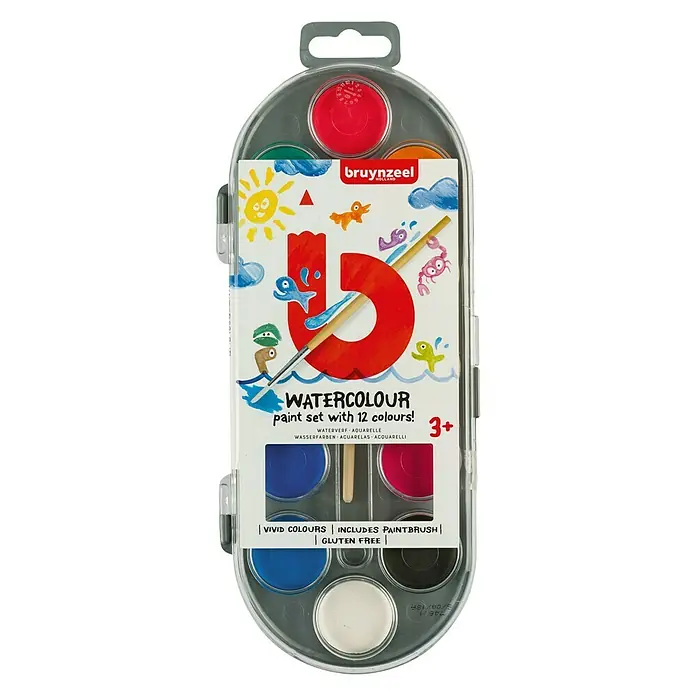 Talens Bruynzeel Set de acuarelas escolares - Multicolor, 12 ud., Caja de pintura - Set de pintura a la acuarela Bruynzeel con 12 colores vivos, incluye pincel, perfecto para jóvenes artistas de 3+ para proyectos de pintura coloridos.