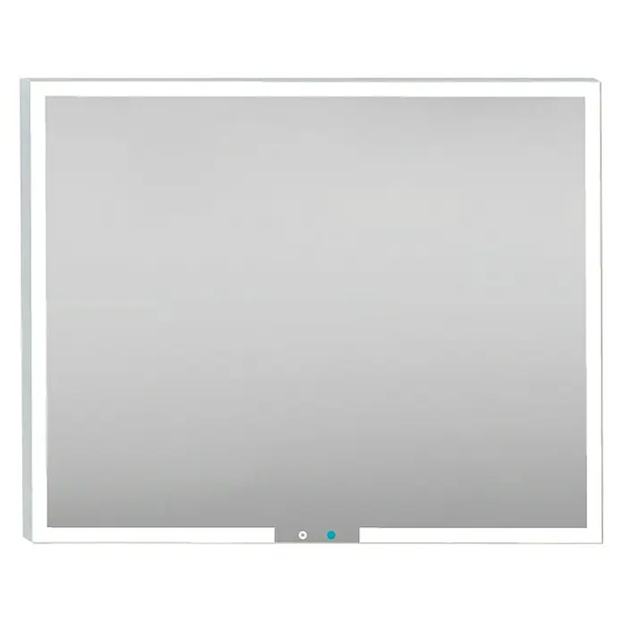 Camargue Espejo con luz Yves - An x Al: 100 x 80 cm - Primer plano de un espejo de baño LED rectangular moderno con iluminación y un diseño minimalista.
