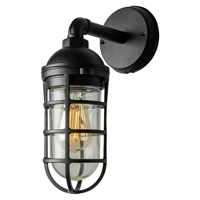 Konstsmide Außenwandleuchte Olbia - 20 W, Schwarz, IP44 - Schwarze Wandleuchte im Industriestil mit Schutzgitter, Klarglas und freiliegender Glühbirne.