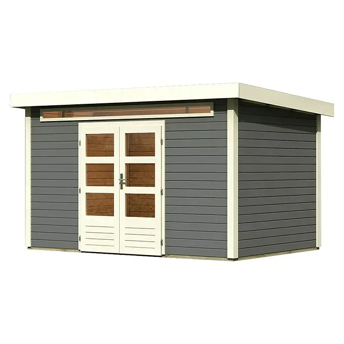 Karibu Gartenhaus Kandern 7 - Außenmaß inkl. Dachüberstand (B x T): 396 x 273 cm, Holz, Terragrau - Ein graues Gartenhaus mit weißen Fenster- und Türrahmen und einem weißen Dach.