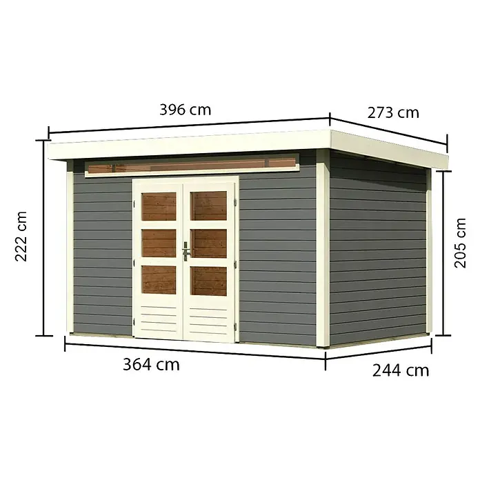 Karibu Gartenhaus Kandern 7 - Außenmaß inkl. Dachüberstand (B x T): 396 x 273 cm, Holz, Terragrau - Bild eines Gartenhauses mit seinen Abmessungen: 396 x 273 x 222 cm (L x B x H) und seinen Türabmessungen: 364 x 244 cm (B x T).
