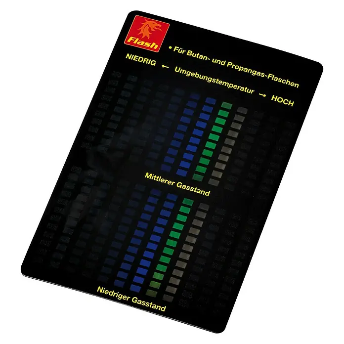 Flash Gasflaschen-Füllstandsanzeiger - Geeignet für Propan- & Butangasflaschen - Produktbild einer Flash-Gasstandsanzeige für Butan- und Propangasflaschen, die den Füllstand und die Umgebungstemperatur anzeigt.