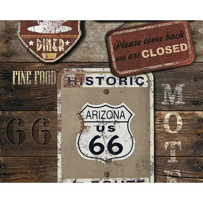 A.S. Création Designpanel pop.up - Schild USA, Braun/Grau/Weiß, 35 cm x 2,5 m - Vintage Wandbild mit Diner-, Route 66- und Motel-Schildern auf rustikalem Holzgrund für eine nostalgische Atmosphäre.