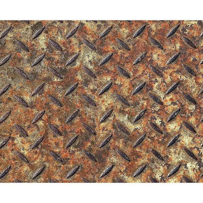 A.S. Création Designpanel pop.up - Stahl Vintage, Rostbraun, 35 cm x 2,5 m - Detailaufnahme einer verrosteten Stahlplatte mit erhabenem Riffelblechmuster. Die Textur zeigt deutliche Spuren von Alterung und Abnutzung.