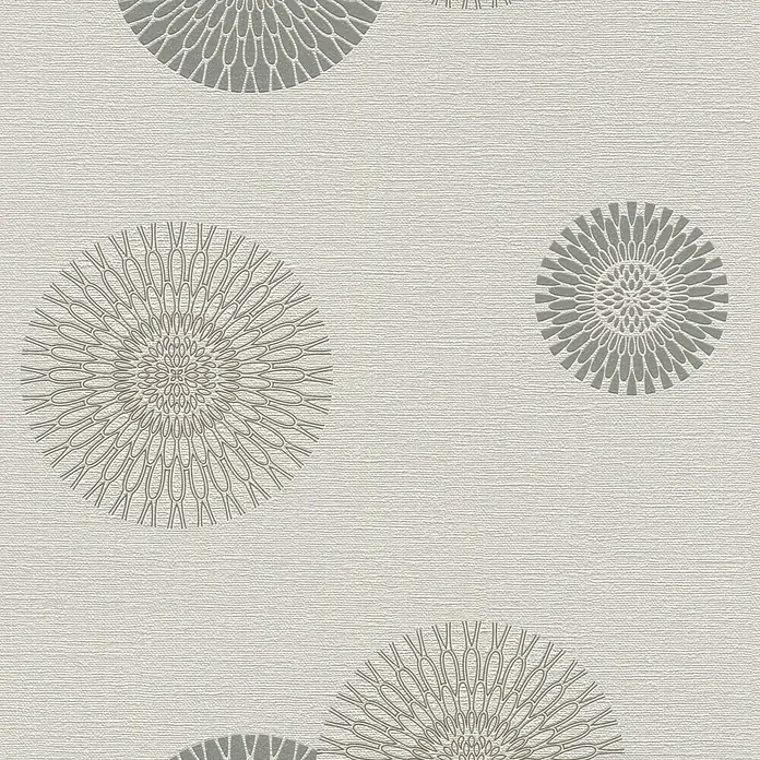 Rasch Tapetenwechsel Vliestapete - Grau, 10,05 x 0,53 m - Tapetendesign mit stilisierten grauen Blüten auf einem strukturierten, cremefarbenen Hintergrund. Die Blüten sind in unterschiedlichen Größen und Mustern gestaltet.