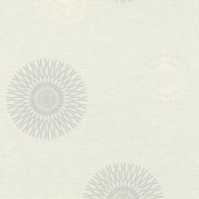 Rasch Tapetenwechsel Vliestapete - Weiß, Grafisch, 10,05 x 0,53 m - Nahaufnahme einer stilvollen, hellen Tapete mit zarten, kreisförmigen Blumenmustern für eine elegante Wandgestaltung.