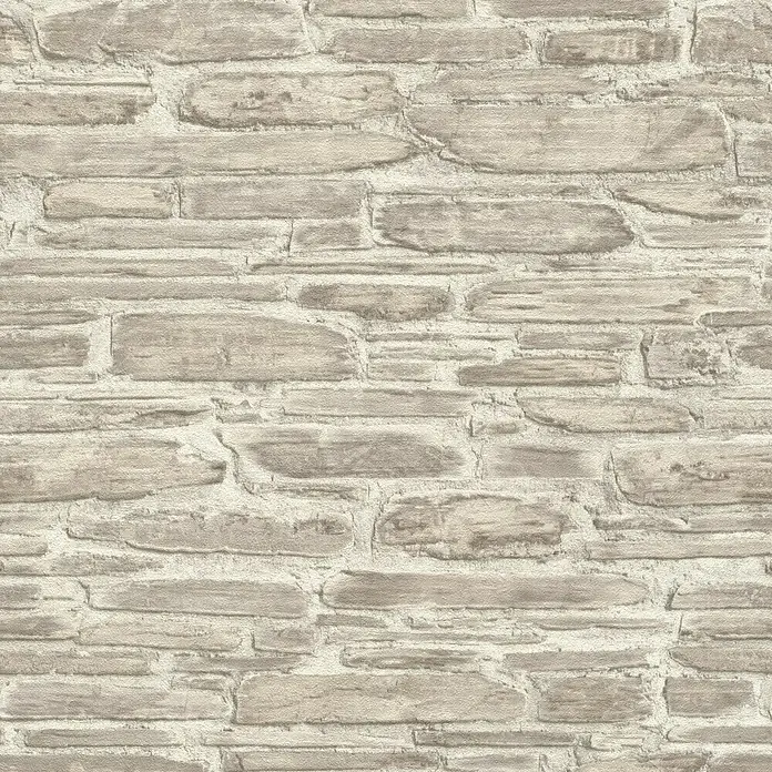 Rasch Tapetenwechsel Vliestapete - Beige, 10,05 x 0,53 m - Detailaufnahme einer Mauer mit hellen, länglichen Steinen und hellem Mörtel. Die Oberfläche wirkt rau und strukturiert.