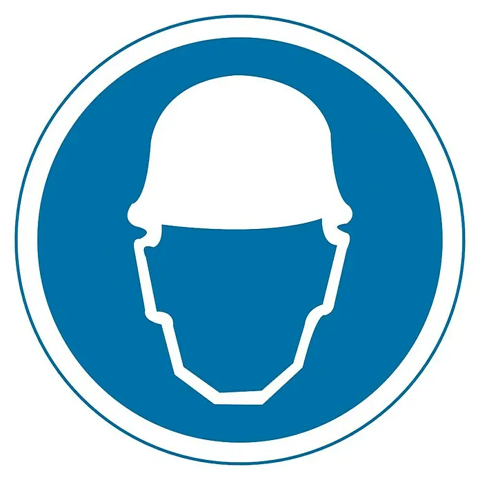 Cartel - Azul/Blanco, Uso obligatorio de casco de seguridad, 5 x 5 cm - La imagen muestra una señal de seguridad azul con un pictograma blanco que representa un casco, indicando la necesidad de usar protección para la cabeza.