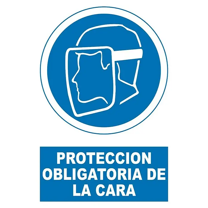 Cartel - Azul/Blanco, Uso obligatorio de pantalla de seguridad, 23 x 34 cm - Símbolo de protección facial obligatoria. Proteja su rostro de peligros con una visera protectora.