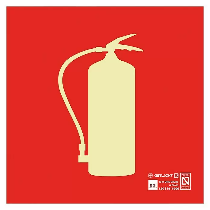 Cartel - 21 x 21 cm, Extintor de incendios, Autoadhesivo - Señal roja de extintor con silueta amarillo claro. Certificaciones visibles.
