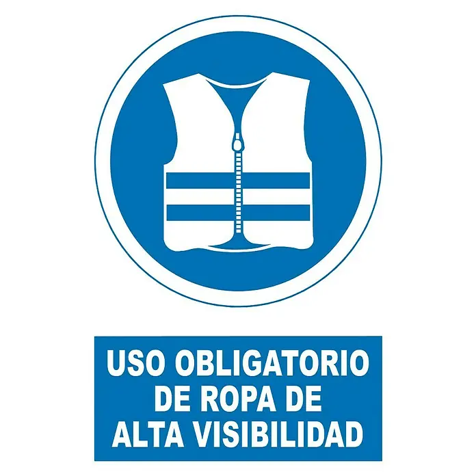 Cartel - Azul/Blanco, Uso obligatorio de ropa de alta visibilidad - Esta imagen muestra una señal de tráfico redonda y azul que exige el uso de ropa de alta visibilidad. Incluye un chaleco de seguridad y el texto "USO OBLIGATORIO".