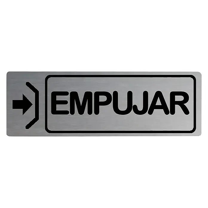 Rótulo - Plateado/Negro, Empujar - Letrero plateado con la palabra "EMPUJAR" y una flecha que indica que debes empujar la puerta.