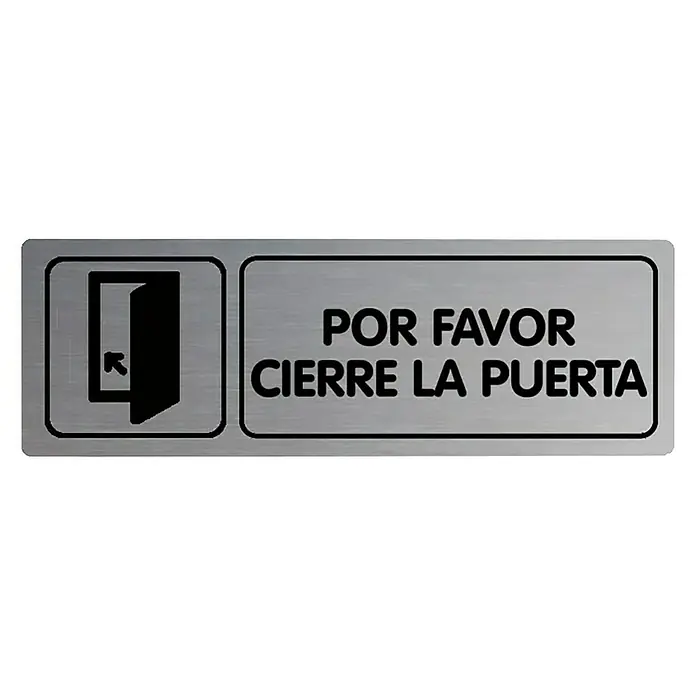 Rótulo - Plateado/Negro, Por favor, cierre la puerta, 18 x 5 cm - Letrero con "POR FAVOR CIERRE LA PUERTA" y un símbolo de puerta, indicando cerrar la puerta después de usar.