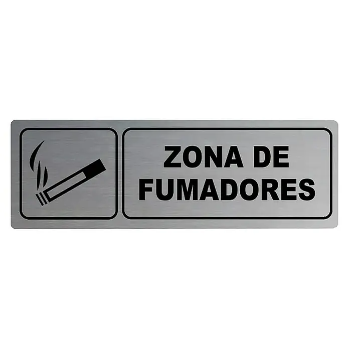 Rótulo - Plateado/Negro, Zona para fumadores - Letrero de metal con el símbolo de fumar y el texto "Zona de Fumadores", que indica una zona para fumadores designada.
