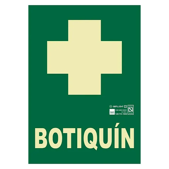 Cartel - Verde/Amarillo, Botiquín - Señal verde de primeros auxilios con una cruz luminosa y la palabra "BOTIQUÍN".