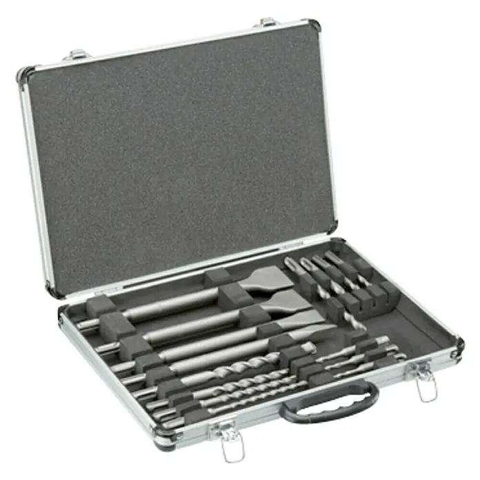 Stanley Broca para hormigón y mampostería STA54422-XJ - 15 pzs., Diámetro de la broca: 14 mm - Una caja de herramientas abierta que muestra una variedad de brocas, cinceles y accesorios, bien organizados en inserciones de espuma.