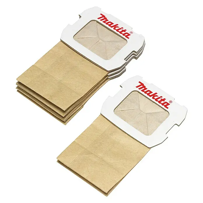Makita Staubsack Papier - Passend für: Makita Schleifer - Makita Staubsaugerbeutel: Eine Packung mit mehreren originalen Makita Staubsaugerbeuteln aus Papier mit dem Makita Logo aufgedruckt.