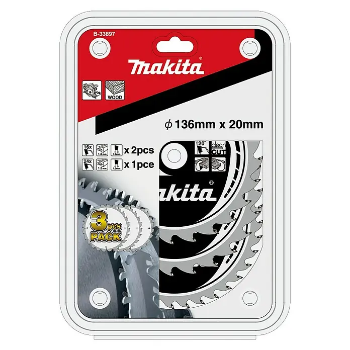 Makita Sägeblatt-Set B-33897 - Durchmesser: 136 mm, 3 -tlg. - Abbildung einer Makita B-33897 Holzsägeblatt-Packung (3 Stück), Durchmesser 136mm x 20mm, ideal für saubere Holzschnitte.