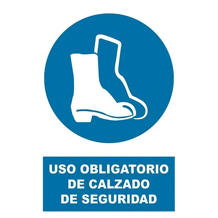 Cartel - Azul/Blanco, Uso obligatorio de calzado de seguridad, 23 x 34 cm - La imagen muestra una señal azul obligatoria para el uso de calzado de seguridad con la inscripción "USO OBLIGATORIO DE CALZADO DE SEGURIDAD".