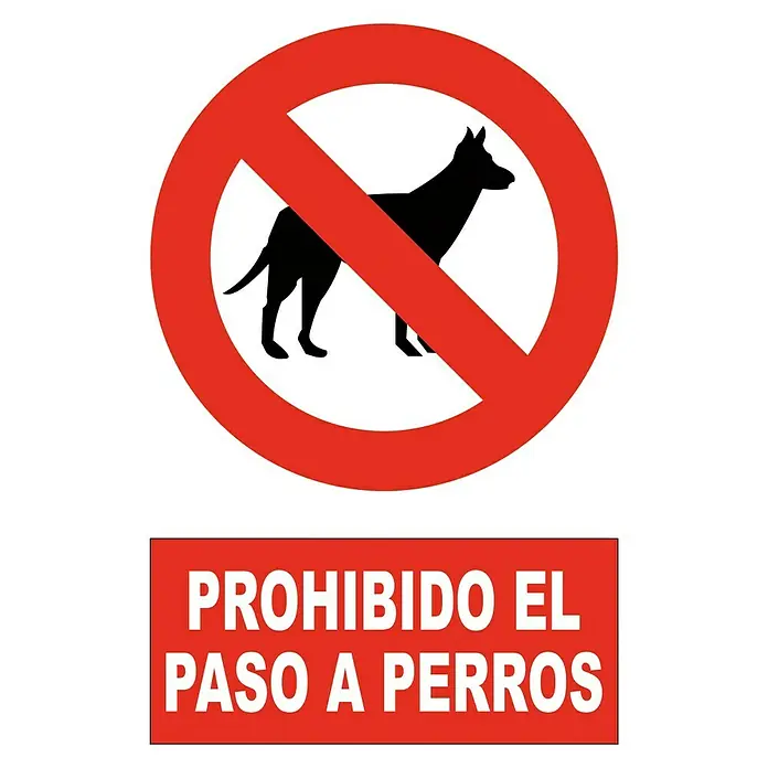 Cartel - Rojo/Blanco, Prohibido el paso a perros, 23 x 34 cm - Señal de prohibido el paso a perros: Un círculo rojo con un perro tachado y el texto "PROHIBIDO EL PASO A PERROS".