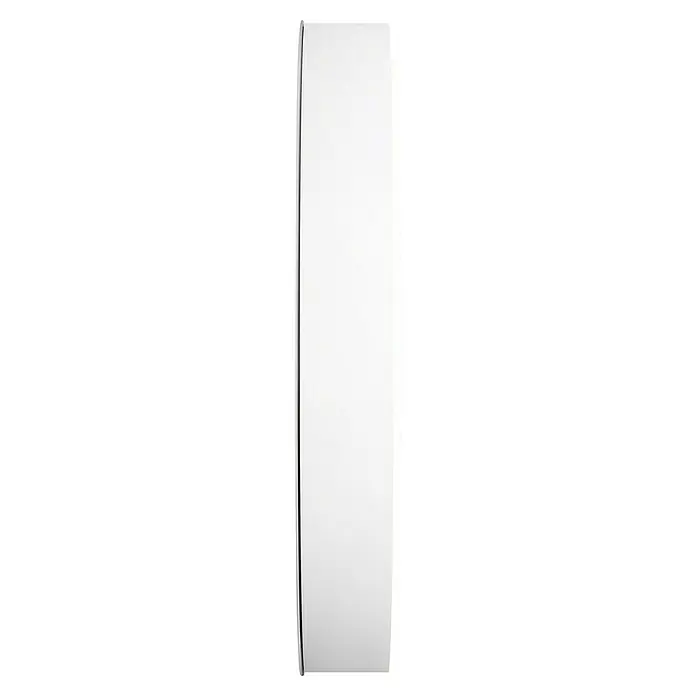 DSK LED-Spiegelschrank Picasso Style - Aluminium, Weiß - Seitenansicht eines weißen, runden Smart-Home-Geräts mit einem dünnen silbernen Rahmen für die Wandmontage. Kompaktes und elegantes Design.