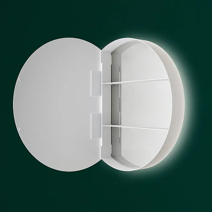 DSK LED-Spiegelschrank Picasso Style - Aluminium, Weiß - Runder Spiegelschrank mit LED-Beleuchtung und offenen Regalen. Die Tür des Schranks ist geöffnet, was einen Blick auf das Innere ermöglicht.