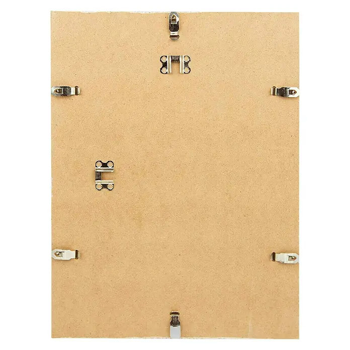 Rahmenloser Bilderrahmen - 70 x 100 cm, Normalglas - Rückseite eines rechteckigen Bilderrahmens mit Befestigungsclips. Ideal zum Aufhängen von Fotos oder Kunstwerken an der Wand.