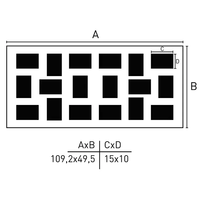 Collagerahmen Pixel - Anzahl Fotoplatzhalter: 18 Stk., Silber, Glas - Produktabbildung mit Abmessungen. Die Gesamtgröße ist A x B = 109,2 x 49,5, und die Einzelgröße ist C x D = 15 x 10.
