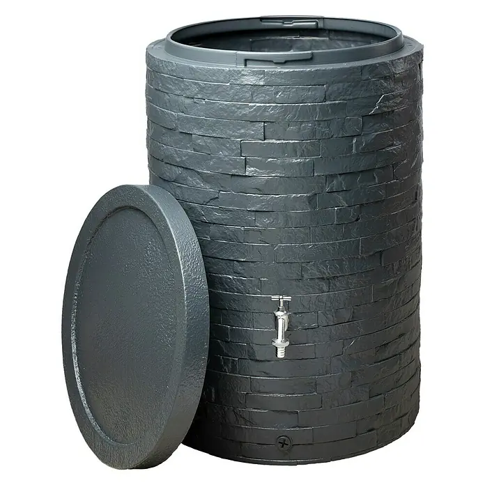 Garantia Classic Line Regenspeicher Muro - 260 l, Graphit - Graue Regentonne mit Ziegelmuster und Deckel für die Gartenbewässerung und nachhaltige Wassernutzung im Freien.