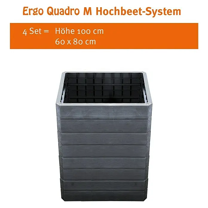 Garantia Hochbeet Ergo Quadro M - 80 x 60 x 25 cm, Kunststoff, Anthrazit, Holzoptik - Ergo Quadro M Hochbeet-System, 4er Set, Höhe 100 cm, 60 x 80 cm. Das perfekte Hochbeet für den Garten, robust und langlebig.