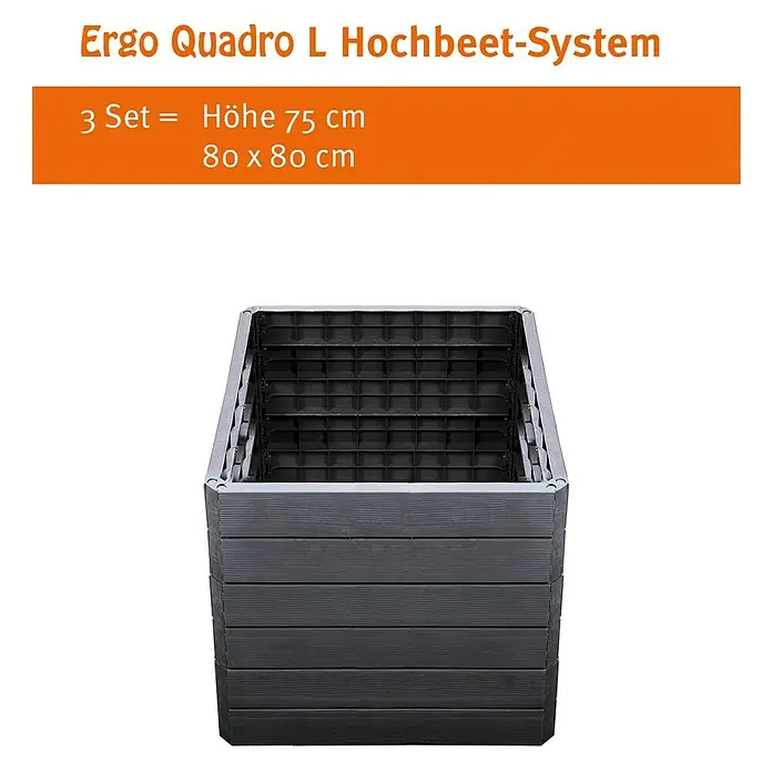 Garantia Hochbeet Ergo Quadro L - 80 x 80 x 25 cm, Kunststoff, Anthrazit, Holzoptik - Das Ergo Quadro L Hochbeet-System im 3er Set bietet eine Höhe von 75 cm und eine Fläche von 80 x 80 cm für Ihren Garten.