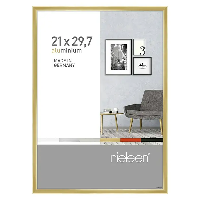 Nielsen Alurahmen Pixel - DIN A4 / 21 x 29,7 cm, Gold - Ein goldener Nielsen Aluminium Bilderrahmen für Fotos oder Kunstwerke, ideal zur Wanddekoration und Präsentation von Erinnerungen.