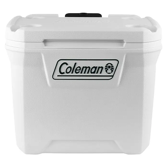 Coleman Nevera de camping Xtreme Marine - L x An x Al: 44 x 46 x 58 cm, Blanco, 47 l, Ruedas - Nevera portátil blanca de Coleman con el logo de Coleman, ideal para actividades al aire libre y para mantener fríos alimentos y bebidas.