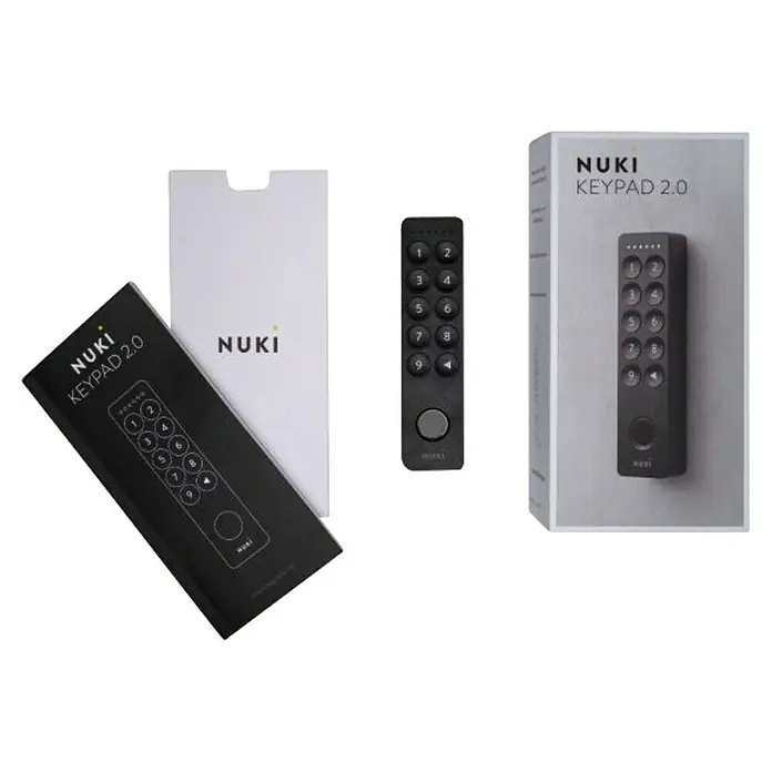 Nuki Teclado inalámbrico 2.0 - Específico para: Nuki Smart Lock 2.0, 3.0 y 3.0 Pro, Negro - Vista del producto del Nuki Keypad 2.0, una solución de acceso inteligente para puertas, con embalaje y teclado.