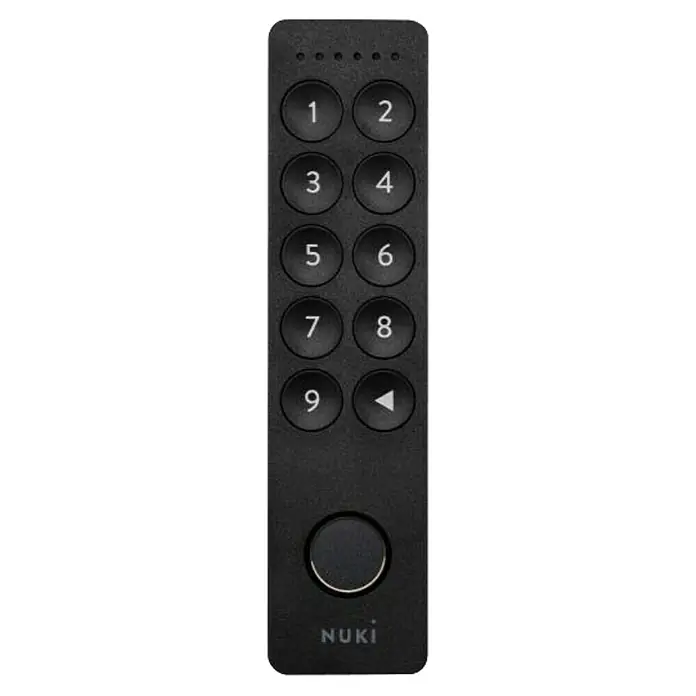 Nuki Teclado inalámbrico 2.0 - Específico para: Nuki Smart Lock 2.0, 3.0 y 3.0 Pro, Negro - Primer plano del teclado Nuki con botones del 1 al 9, flecha atrás, botón redondo y el logo Nuki, para acceso sin llave.