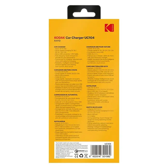 Kodak Cargador rápido KODUC104 - 1 x Micro USB - Embalaje del cargador de coche Kodak UC104 con carga rápida, conector USB y protección inteligente contra sobrecalentamiento.