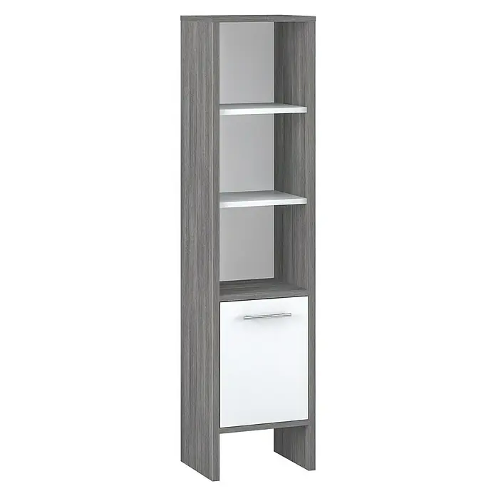 Astor Oslo Midischrank - 33 x 28 x 137 cm, Grafit, Weiß - Schmaler grauer Bücherschrank mit drei offenen Regalen und einer weißen Schublade, ideal für kleine Räume oder als zusätzliche Aufbewahrung.