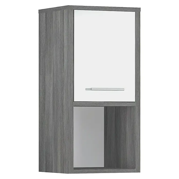 Astor Oslo Oberschrank - 33 x 28 x 68 cm, Grafit, Weiß - Elegantes graues Holzregal mit weißer Tür und offenem Fach zur Aufbewahrung verschiedener Gegenstände.