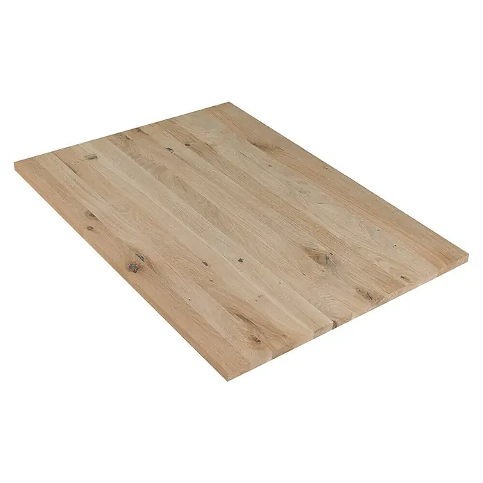 Exclusivholz Leimholzplatte Rustic - Eiche, Qualitätsstufe Leimholzplatte: B/C, 800 x 600 x 20 mm - Eine helle Holzarbeitsplatte mit deutlicher Maserung und einigen Astlöchern für einen rustikalen Look. Ideal für Möbelbau und DIY-Projekte.