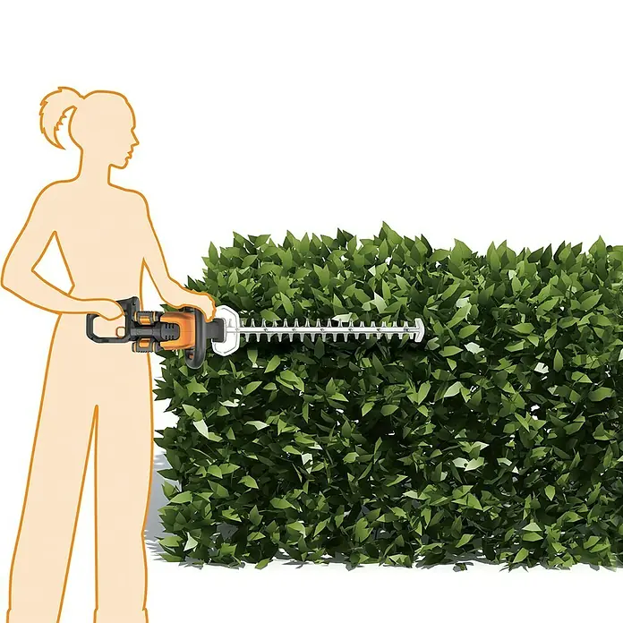 Worx PowerShare 20V Akku-Heckenschere WG284E.9 - 40 V, Ohne Akku - Eine stilisierte Frau bedient eine Worx Heckenschere zum Trimmen einer Hecke. Die Heckenschere ist orange, schwarz und weiß.