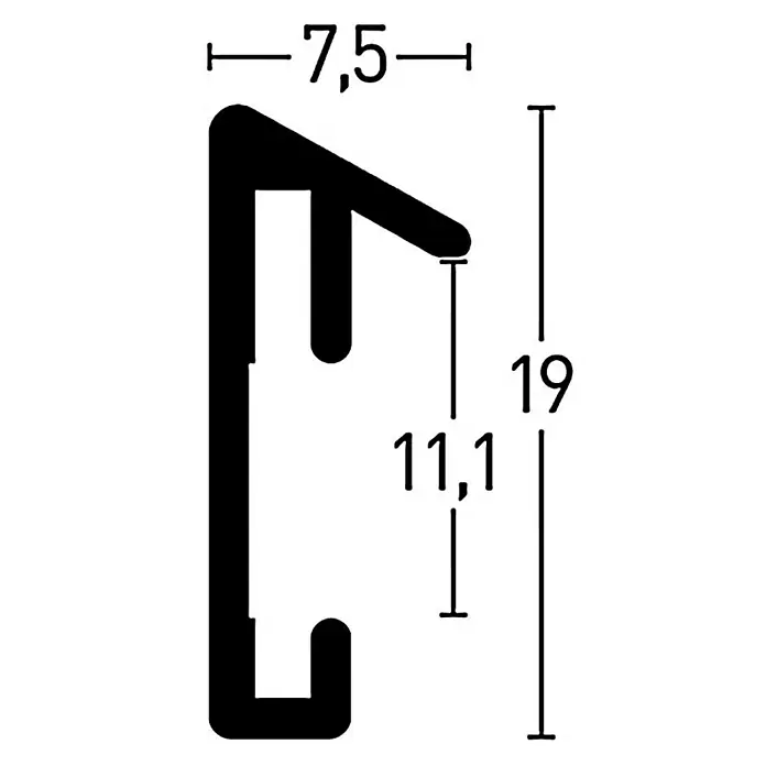 Nielsen Alurahmen Pixel - 50 x 60 cm, Weiß - Profilzeichnung eines Dichtungsprofils mit den Maßen 7,5 mm Breite, 19 mm Höhe und einem inneren Abstand von 11,1 mm.