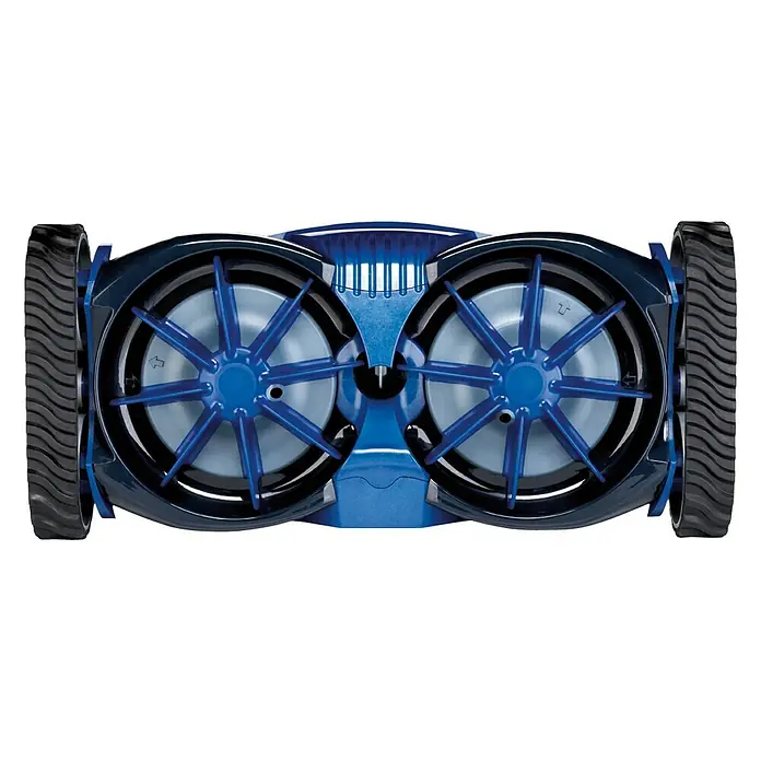 Zodiac Robot de piscina MX8 - Hidráulica, Piscinas hasta 1200 x 600 cm, 14 m³/h - Primer plano de un robot de limpieza de piscinas azul con dos rodillos de cepillo y cuatro ruedas.