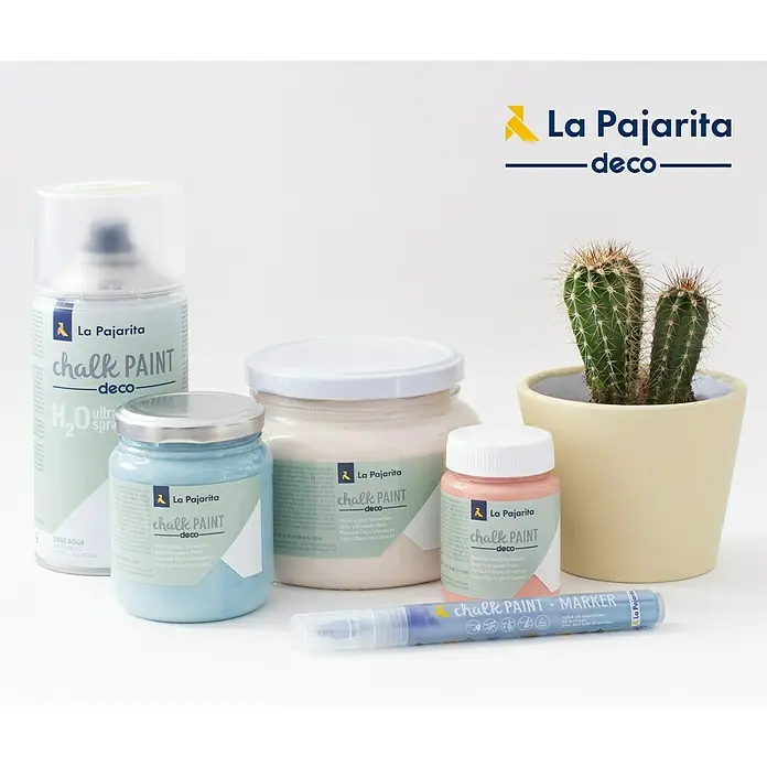 La Pajarita Pintura de tiza Chalk Paint - Vintage, 175 ml, Mate - Imagen del producto de pintura de tiza La Pajarita en varios tonos y formas, incluyendo spray, botes y marcador.