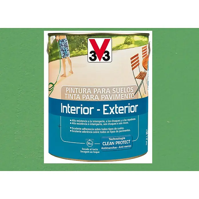 V33 Barniz para suelos Interior-Exterior - Verde, Satinado, 2,5 l, Base de agua - Imagen de una lata de pintura para suelos 3V3 para uso interior y exterior, con tecnología Clean Protect y fórmula antimanchas.