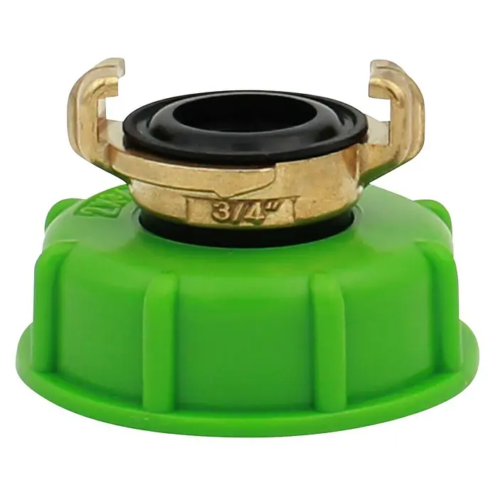 Adapter - Geeignet für: Verbindungen - Ein grüner IBC Adapter S60x6 mit 3/4" Schlauchanschluss, ideal für Gartenschläuche und Regentonnen.