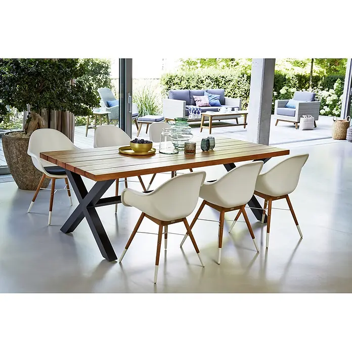 Sunfun Gartenmöbel-Set Sonja - 7 -tlg., Robinie/Kunststoff, Eukalyptus, Naturbraun/Weiß, Schwarz, Anthrazit - Elegantes Esszimmer-Set mit Holztisch und weißen Stühlen mit Holzbeinen, ideal für den Innen- und Außenbereich.